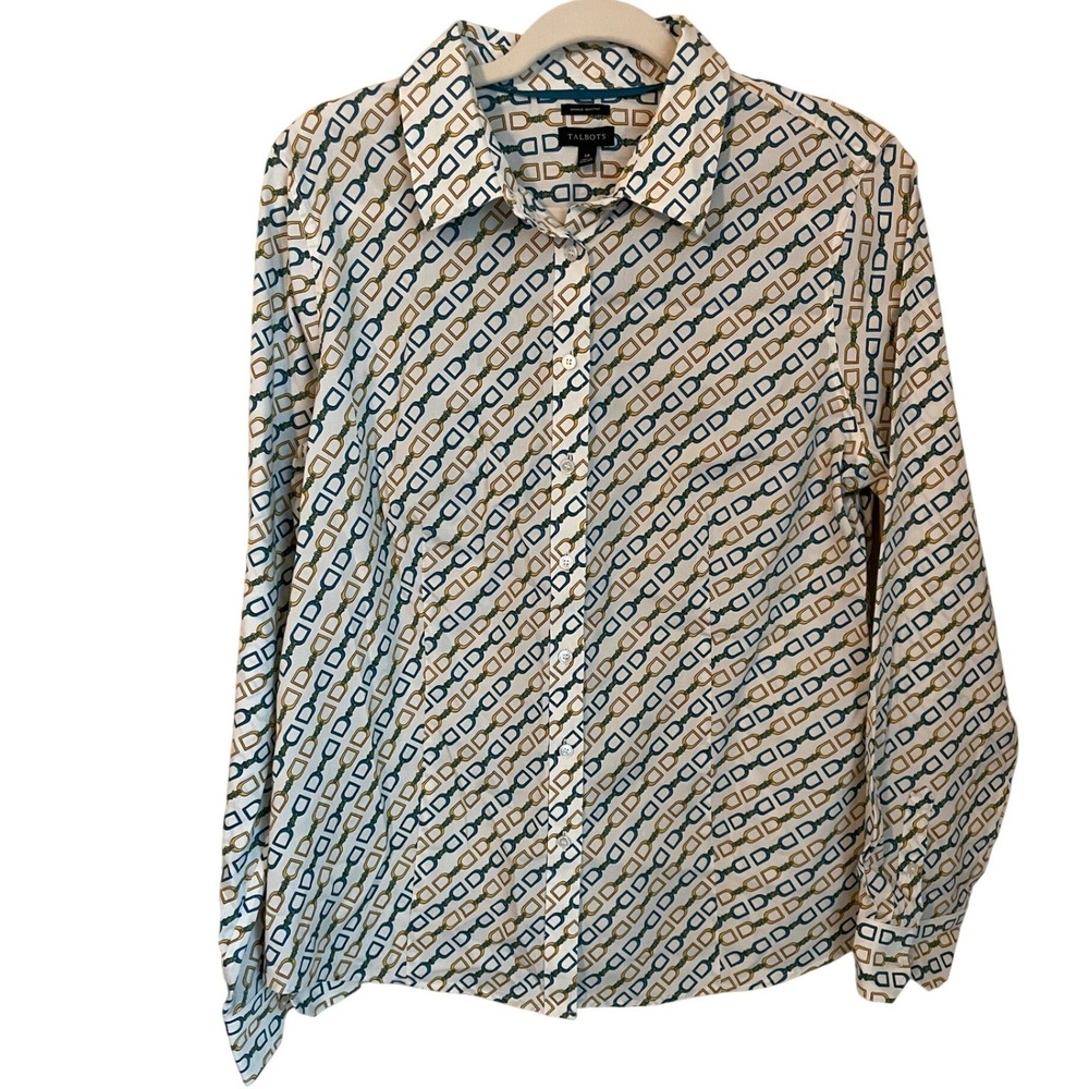 Talbots Long Sleeve Button Shirt Size 14 Horse Bit Print Equestrian Old Money